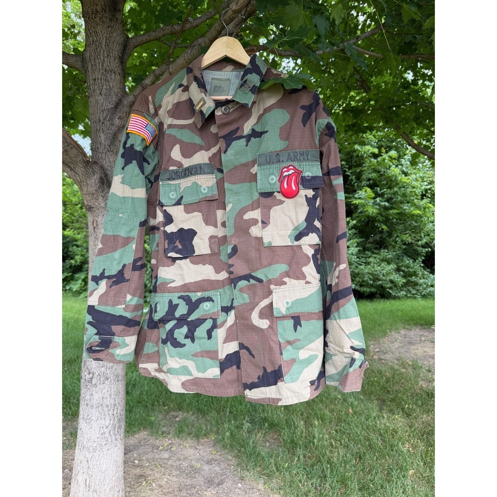 US Army BDU Jacket Woodland Camo Medium Short Rolling Stones Patch Jorgensen